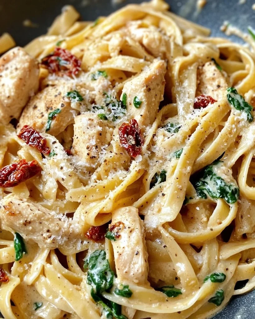 Fettuccine cremoso con pollo y tomates secos al sol