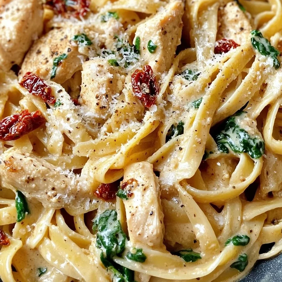 Fettuccine cremoso con pollo y tomates secos al sol