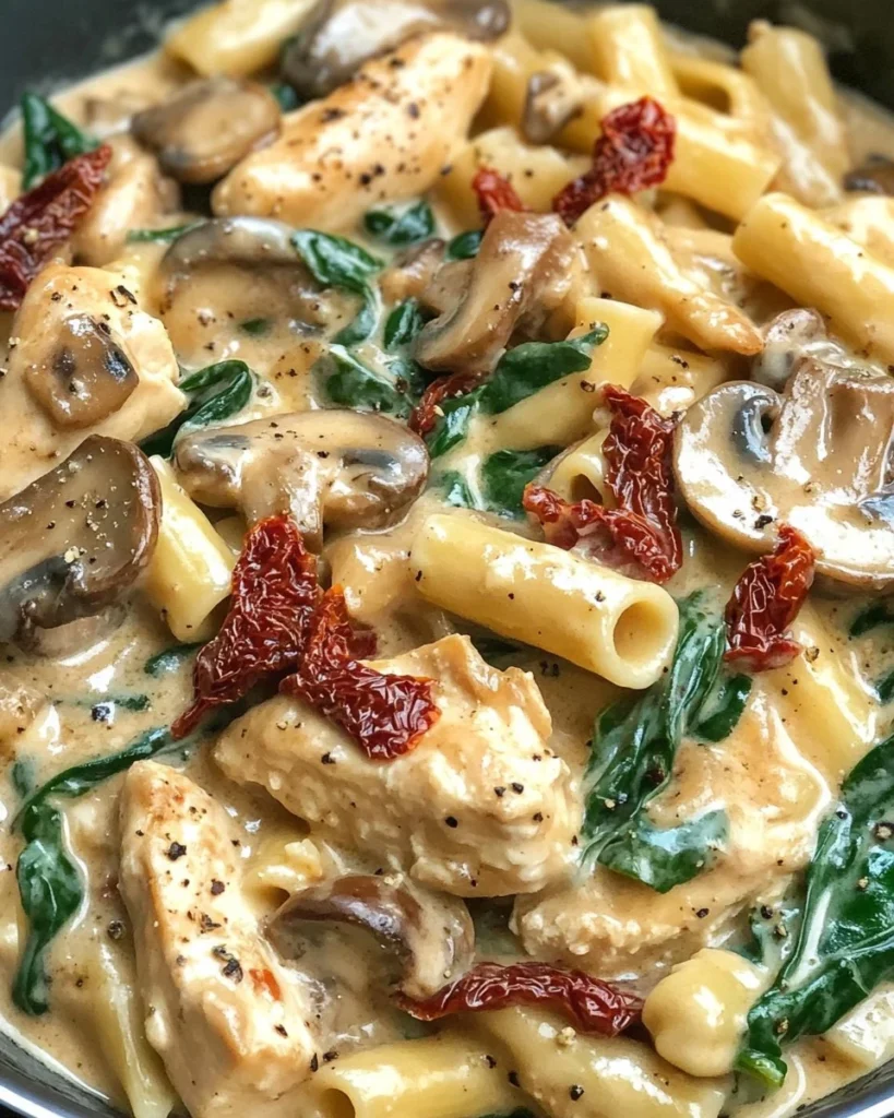 Pollo Toscano Cremoso con Pasta de Champiñones y Espinacas