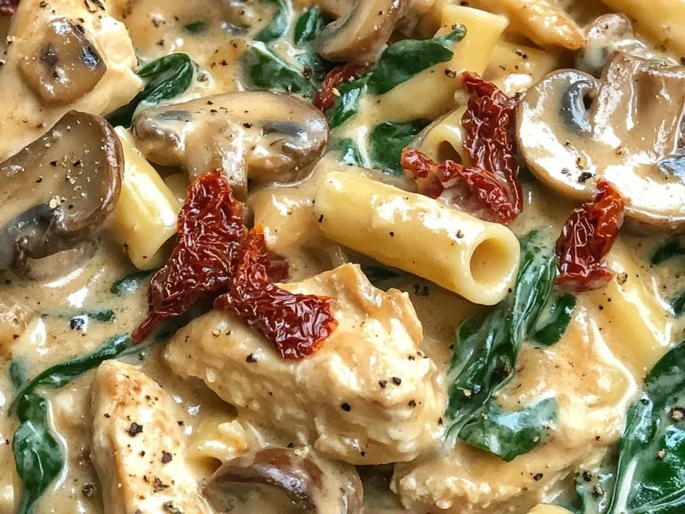 Pollo Toscano Cremoso con Pasta de Champiñones y Espinacas