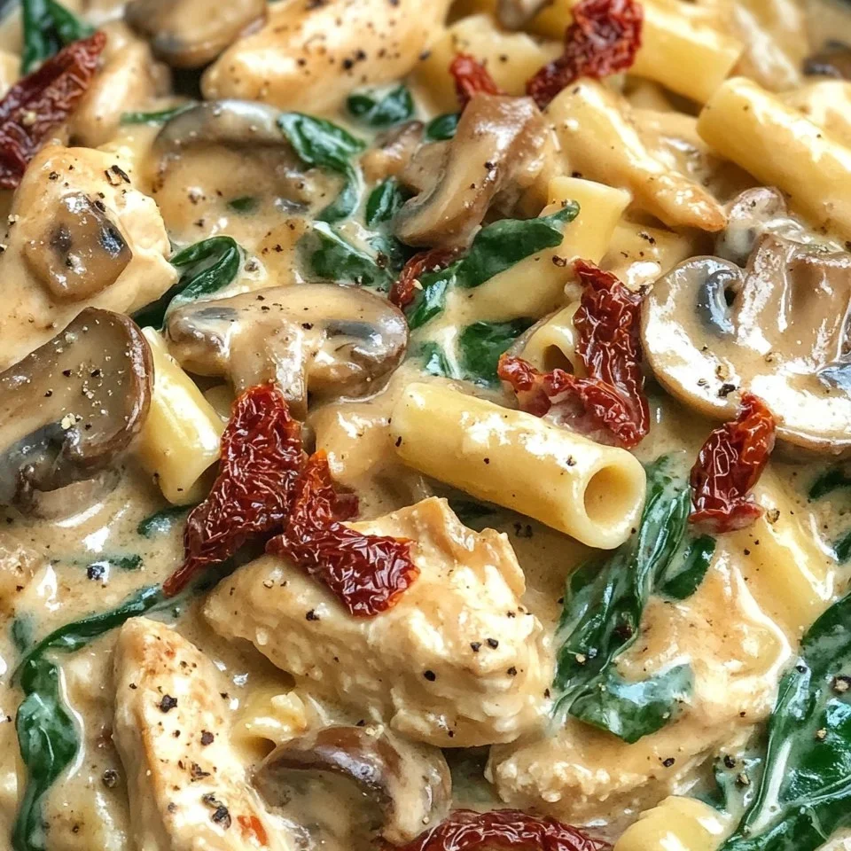 Pollo Toscano Cremoso con Pasta de Champiñones y Espinacas