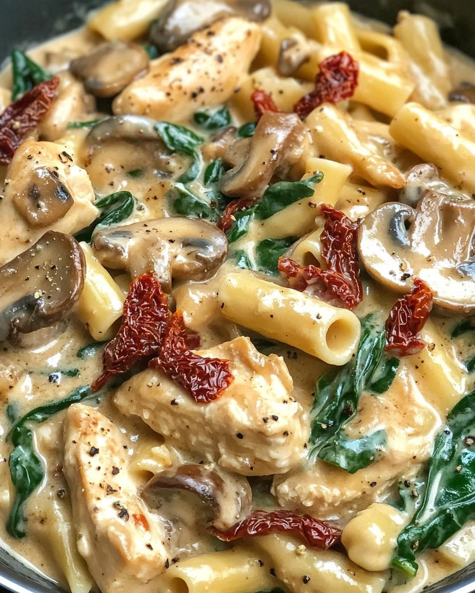 Pollo Toscano Cremoso con Pasta de Champiñones y Espinacas