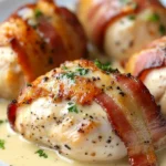 Pollo envuelto en tocino con salsa cremosa de mostaza Dijon