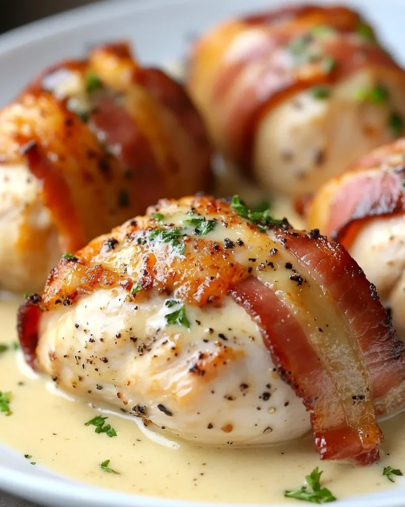 Pollo envuelto en tocino con salsa cremosa de mostaza Dijon