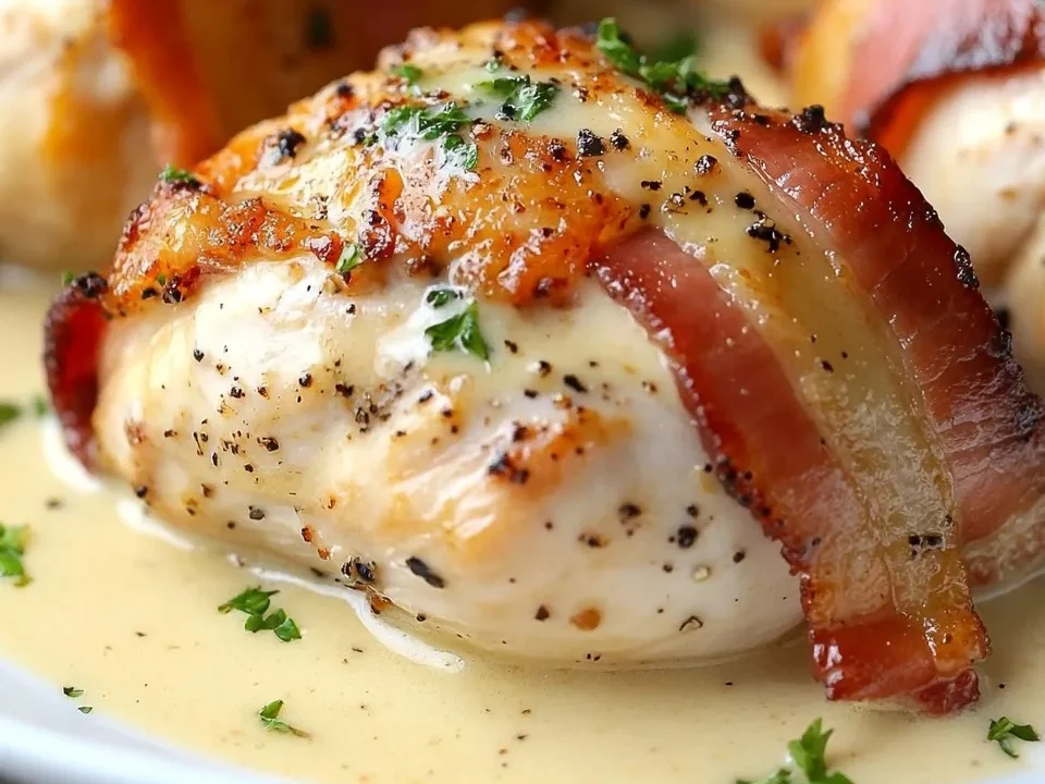 Pollo envuelto en tocino con salsa cremosa de mostaza Dijon