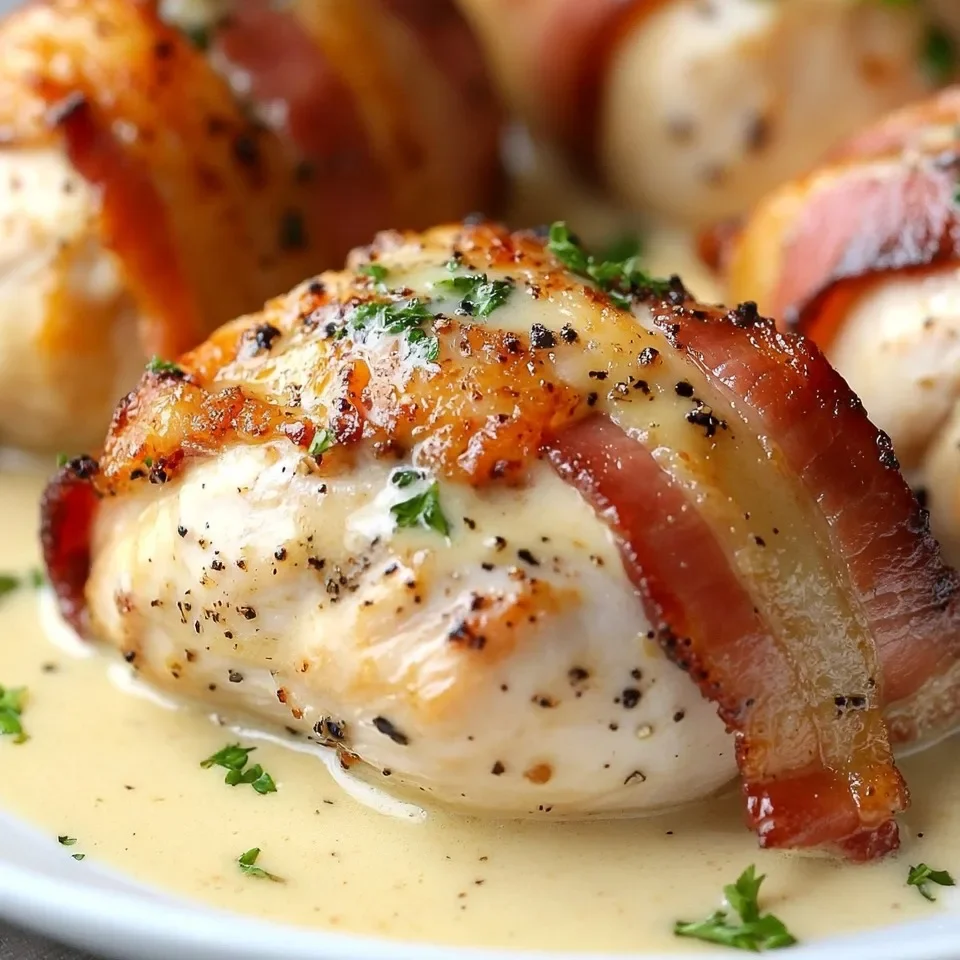 Pollo envuelto en tocino con salsa cremosa de mostaza Dijon