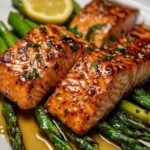 Salmón Glaseado con Miel y Mostaza con Mantequilla de Limón y Hierbas y Espárragos