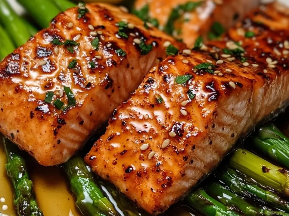 Salmón Glaseado con Miel y Mostaza con Mantequilla de Limón y Hierbas y Espárragos