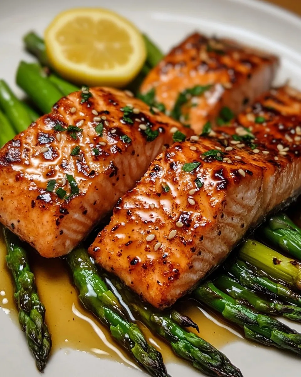 Salmón Glaseado con Miel y Mostaza con Mantequilla de Limón y Hierbas y Espárragos