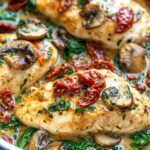 Pollo con Champiñones al Ajo, Espinacas y Tomates Secos