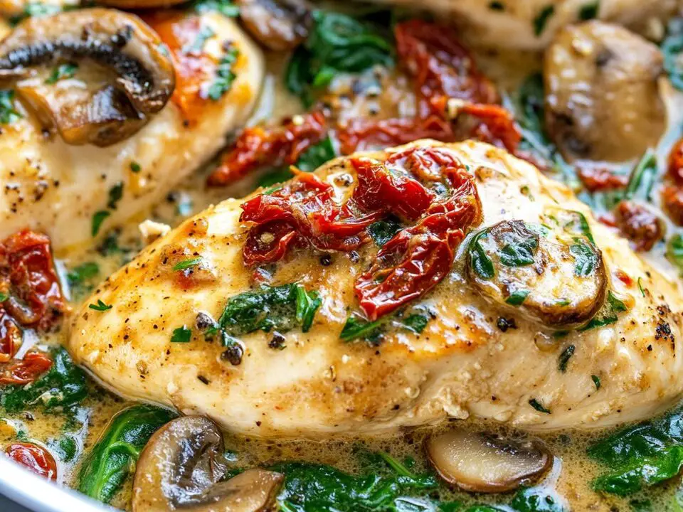 Pollo con Champiñones al Ajo, Espinacas y Tomates Secos
