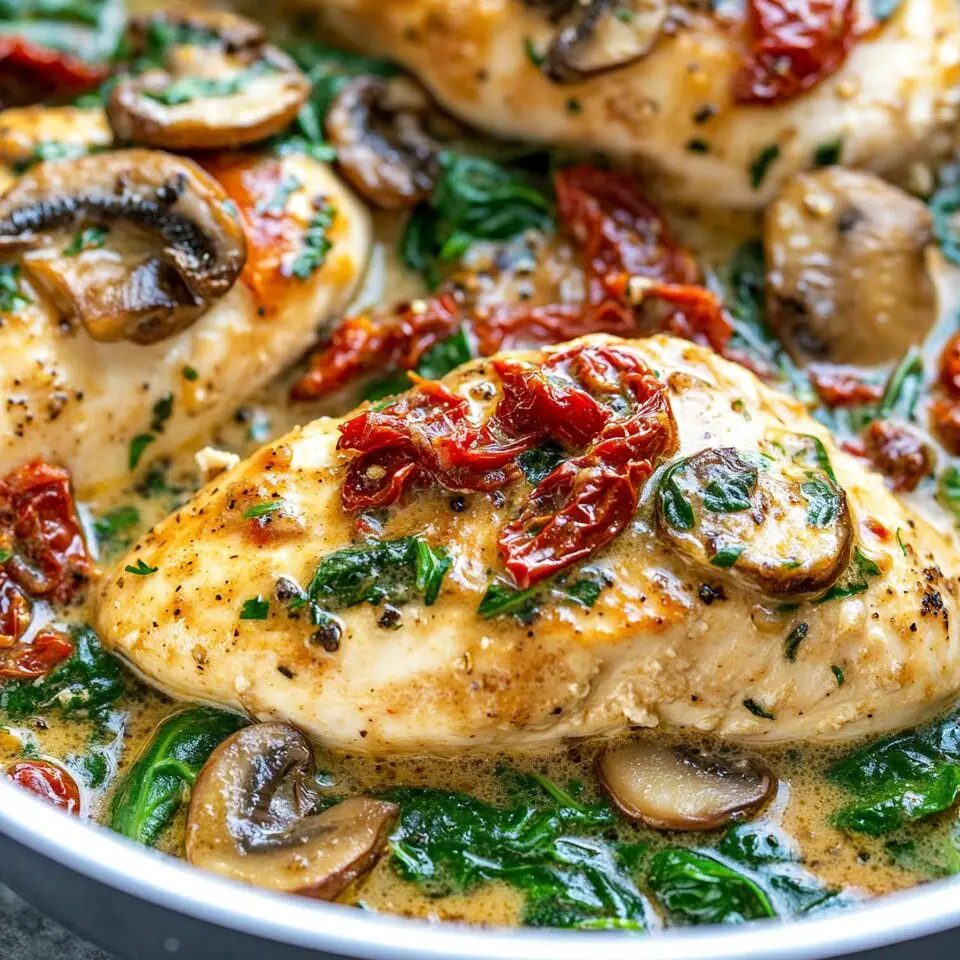 Pollo con Champiñones al Ajo, Espinacas y Tomates Secos