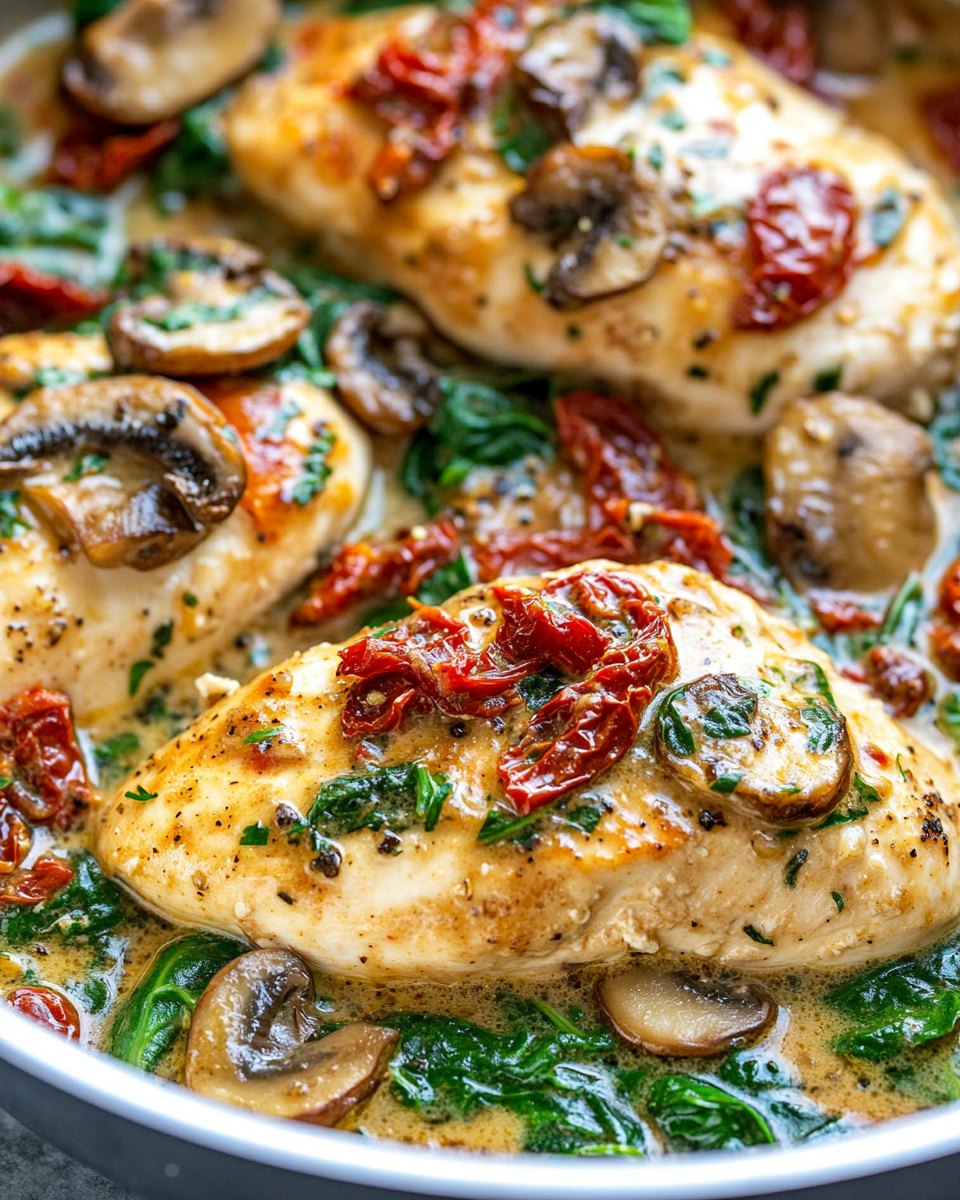 Pollo con Champiñones al Ajo, Espinacas y Tomates Secos