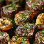 Bocados de Carne con Ajo y Mantequilla, Camarones y Salsa de Limón y Hierbas