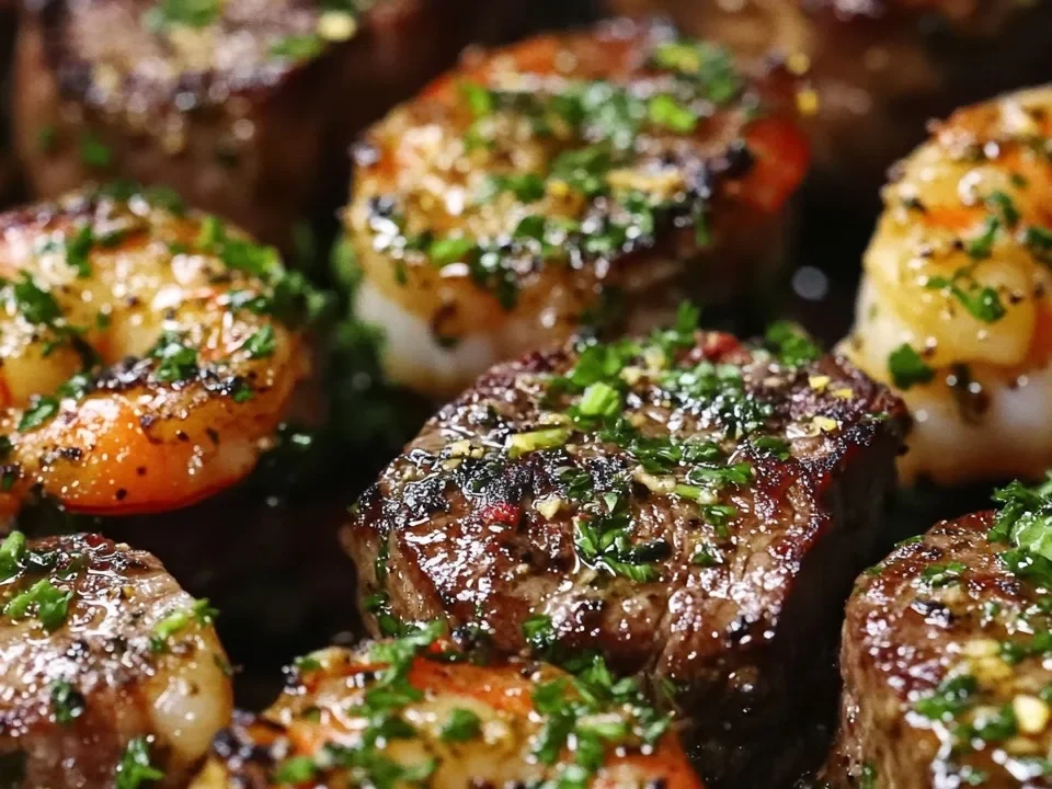 Bocados de Carne con Ajo y Mantequilla, Camarones y Salsa de Limón y Hierbas