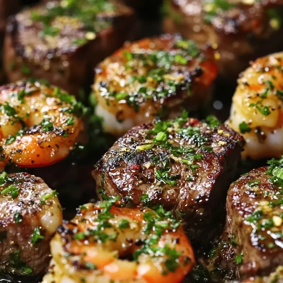 Bocados de Carne con Ajo y Mantequilla, Camarones y Salsa de Limón y Hierbas