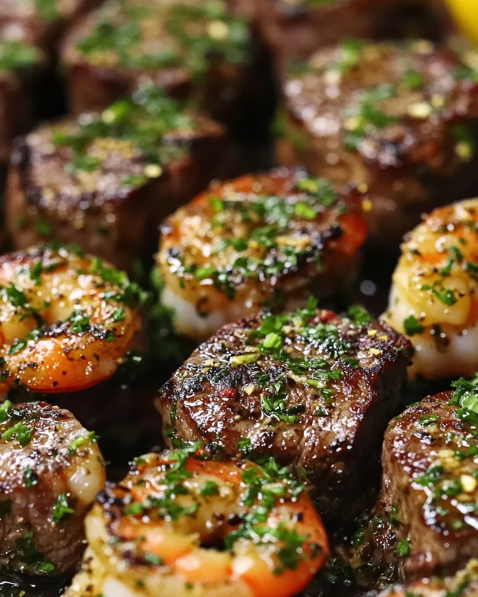 Bocados de Carne con Ajo y Mantequilla, Camarones y Salsa de Limón y Hierbas