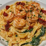 Pasta Cajún Cremosa con Camarones, Tomates Secos y Espinacas