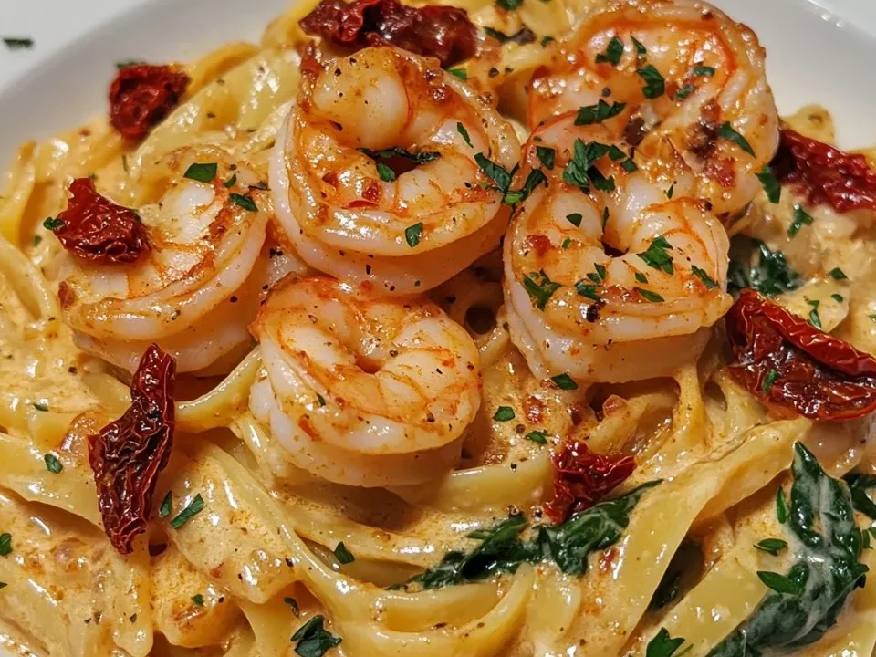Pasta Cajún Cremosa con Camarones, Tomates Secos y Espinacas