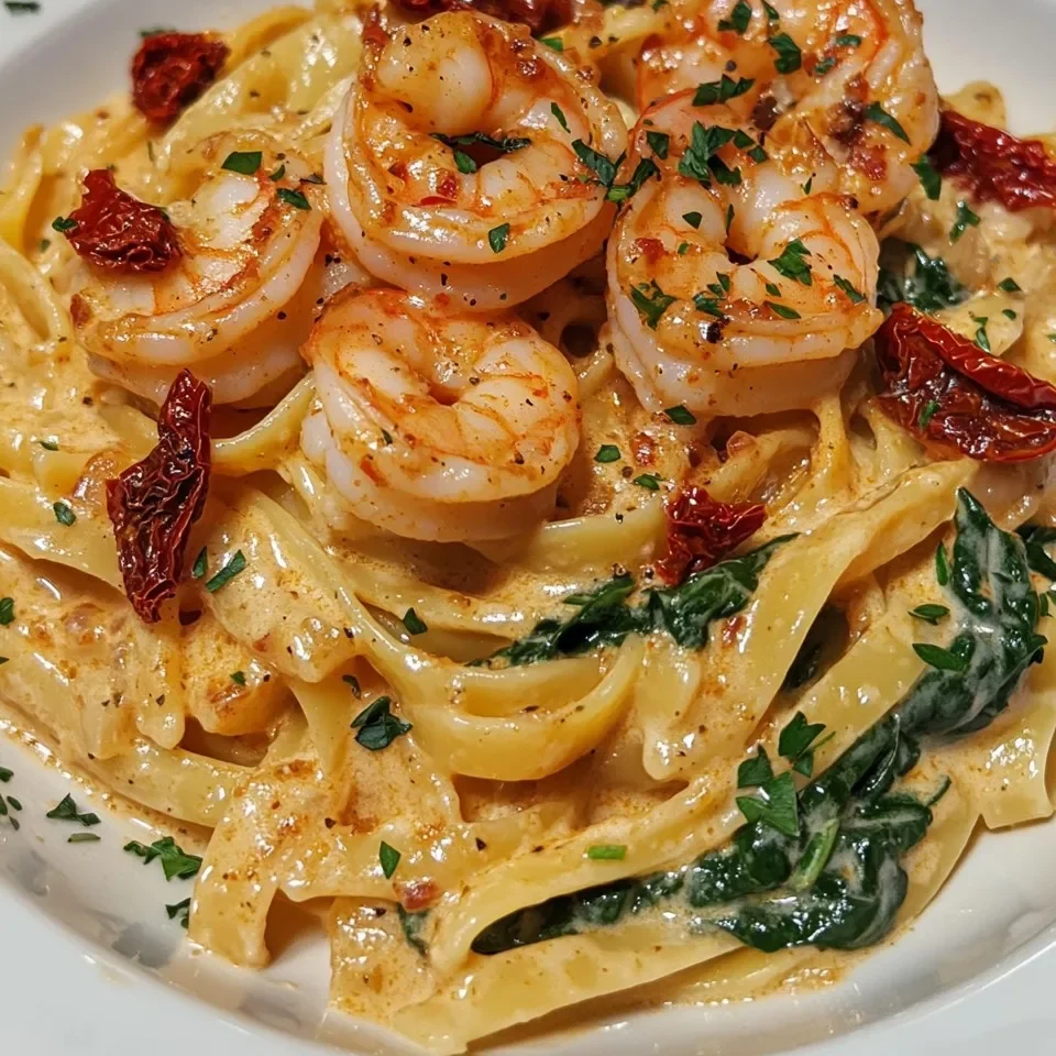 Pasta Cajún Cremosa con Camarones, Tomates Secos y Espinacas