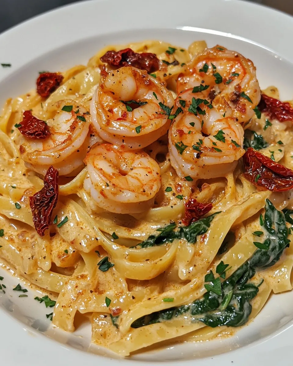 Pasta Cajún Cremosa con Camarones, Tomates Secos y Espinacas
