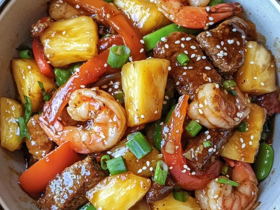 Salteado Teriyaki de Surf y Turf con Piña y Verduras