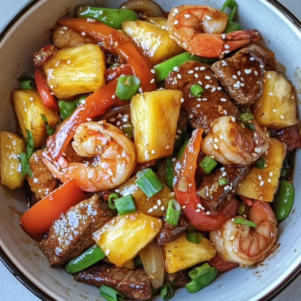 Salteado Teriyaki de Surf y Turf con Piña y Verduras