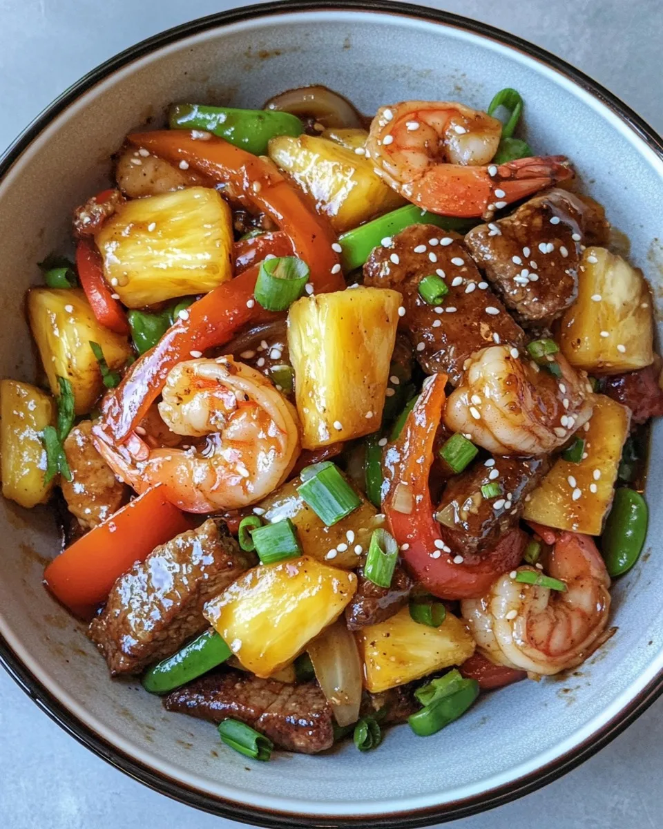 Salteado Teriyaki de Surf y Turf con Piña y Verduras