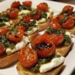 Bruschetta de Burrata con Pesto de Albahaca y Tomates Asados al Balsámico
