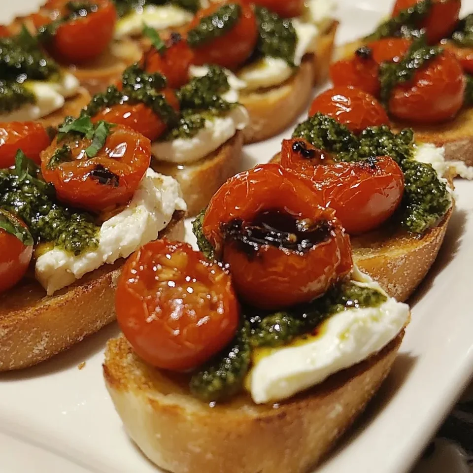 Bruschetta de Burrata con Pesto de Albahaca y Tomates Asados al Balsámico