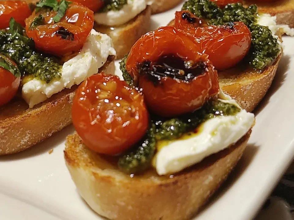 Bruschetta de Burrata con Pesto de Albahaca y Tomates Asados al Balsámico