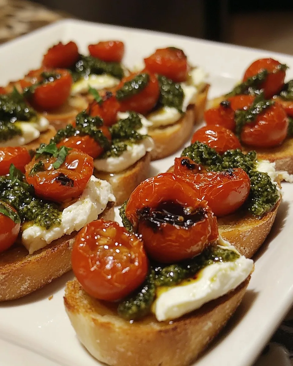 Bruschetta de Burrata con Pesto de Albahaca y Tomates Asados al Balsámico