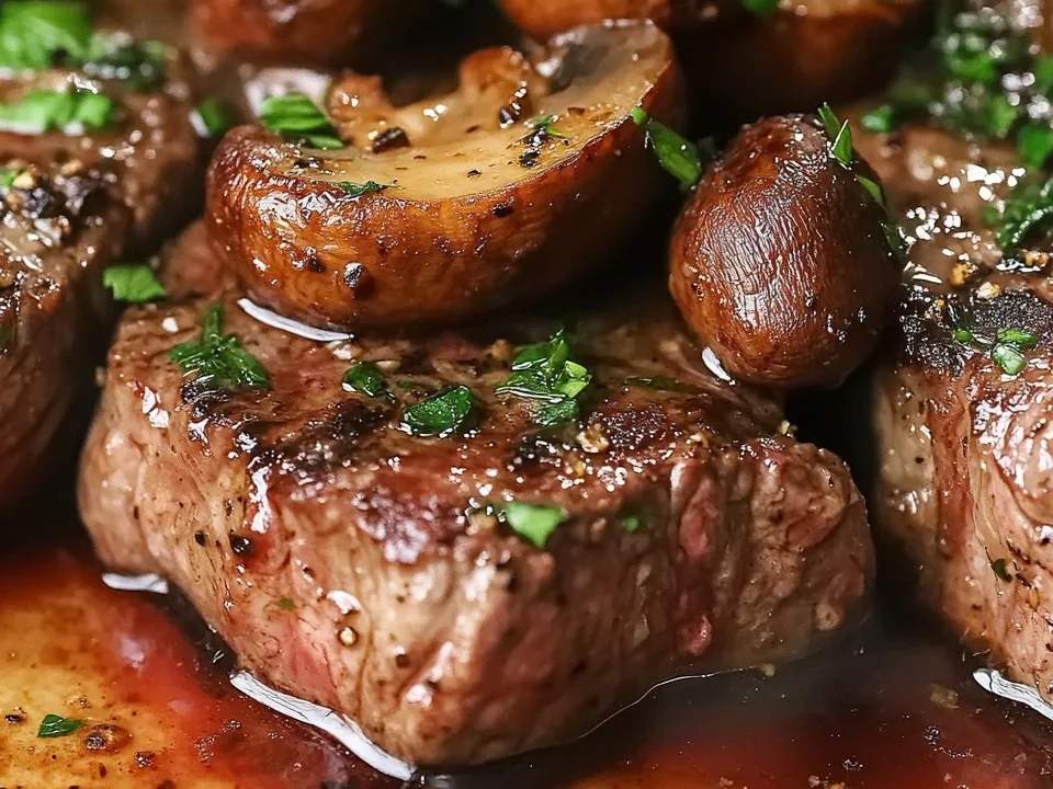 Bistec con Mantequilla de Ajo y Salsa de Champiñones y Vino Tinto