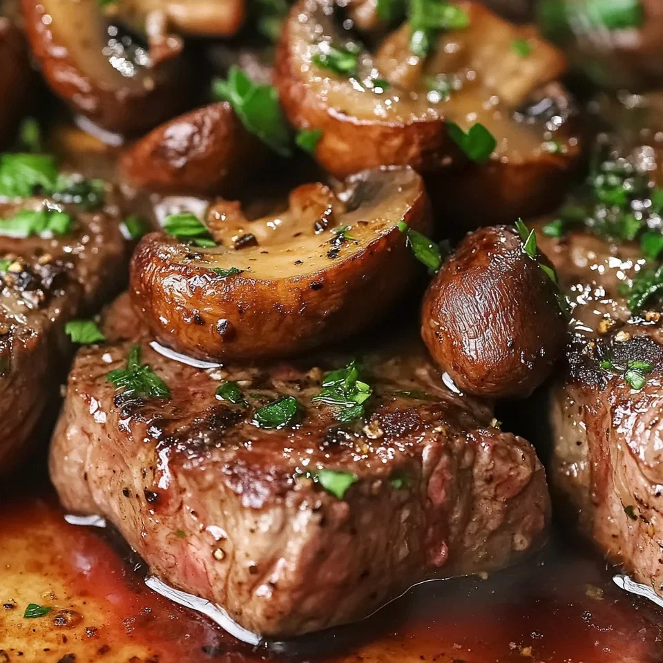 Bistec con Mantequilla de Ajo y Salsa de Champiñones y Vino Tinto