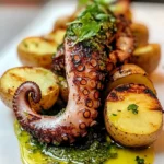 Pulpo a la parrilla con pesto de hierbas y papas baby