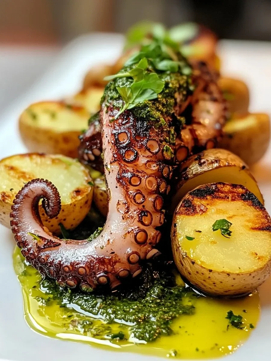 Pulpo a la parrilla con pesto de hierbas y papas baby