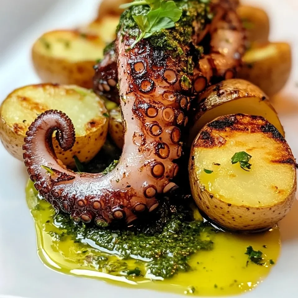 Pulpo a la parrilla con pesto de hierbas y papas baby