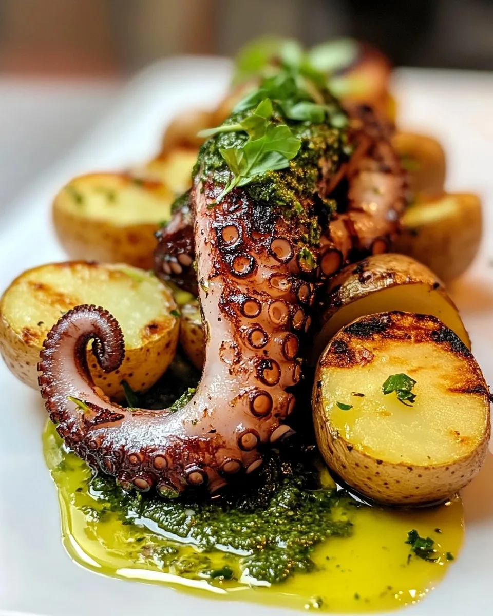 Pulpo a la parrilla con pesto de hierbas y papas baby