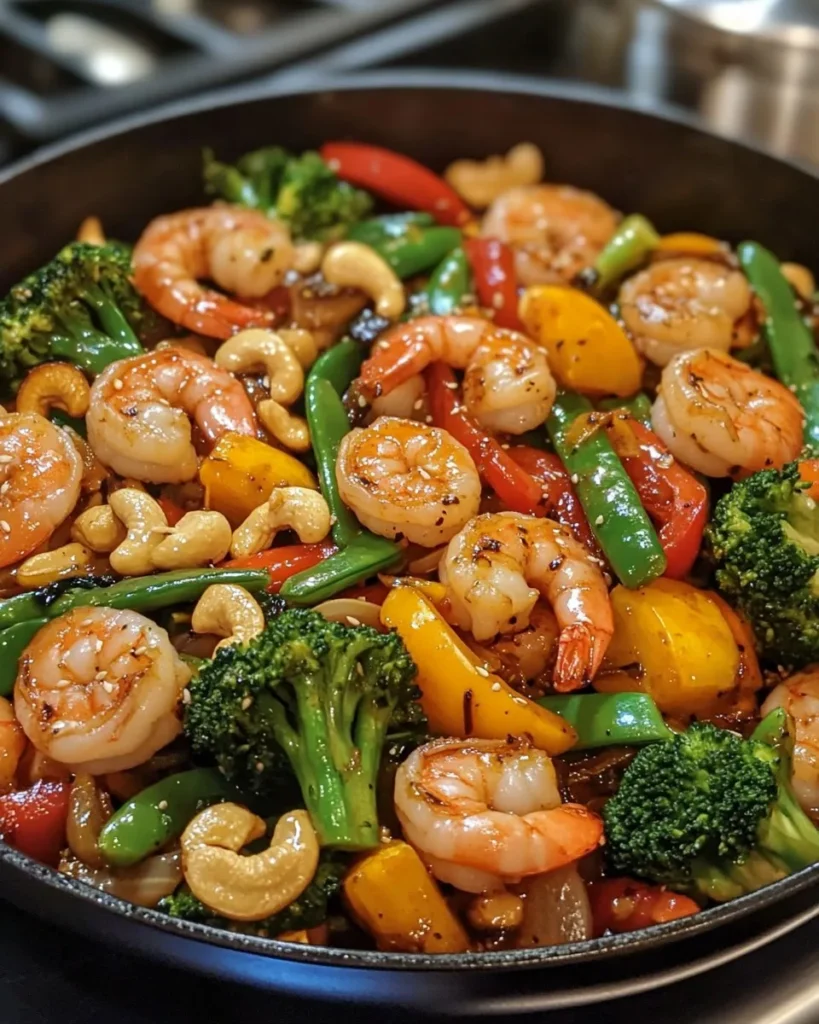 Salteado de Camarones al Ajo con Verduras y Anacardos