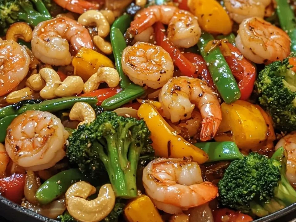 Salteado de Camarones al Ajo con Verduras y Anacardos