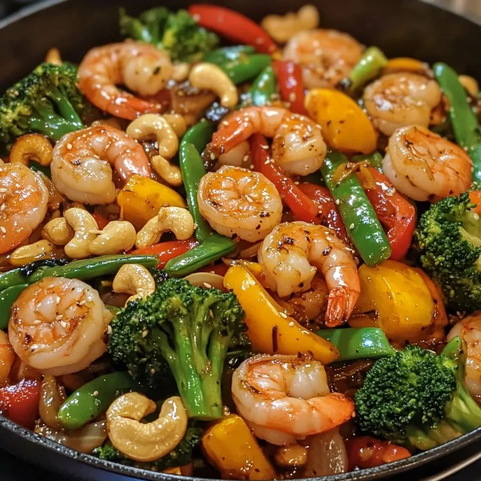 Salteado de Camarones al Ajo con Verduras y Anacardos