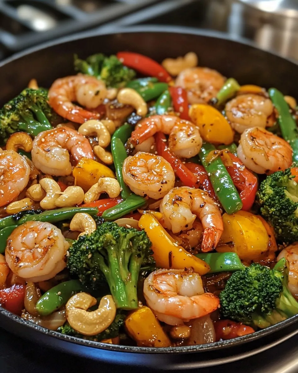 Salteado de Camarones al Ajo con Verduras y Anacardos
