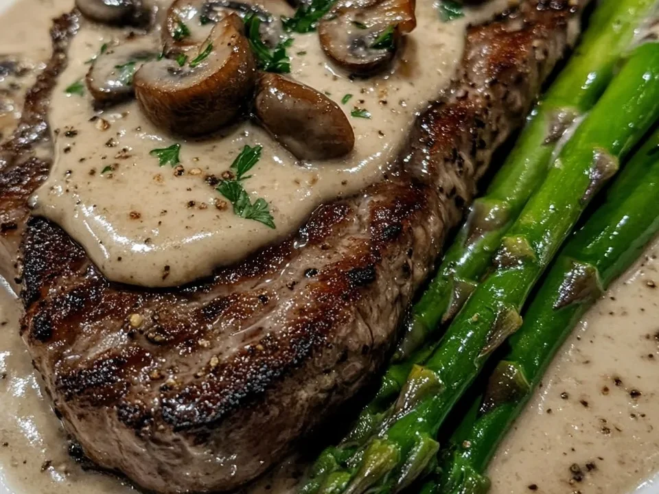 Bistec con Salsa Cremosa de Champiñones y Espárragos