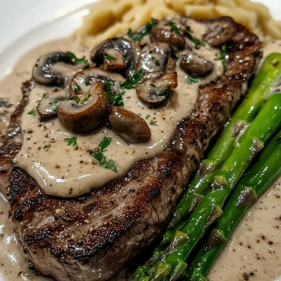 Bistec con Salsa Cremosa de Champiñones y Espárragos