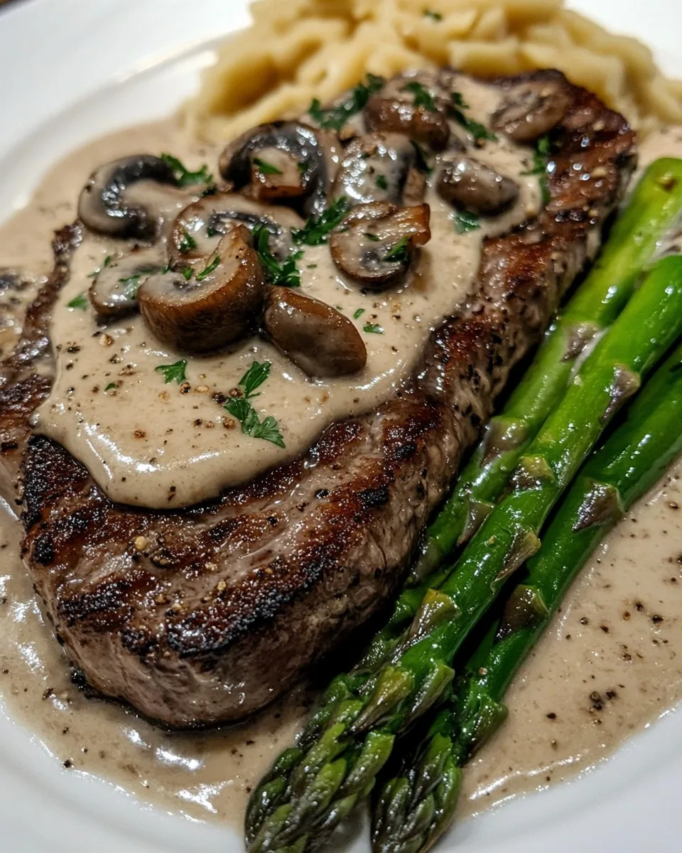 Bistec con Salsa Cremosa de Champiñones y Espárragos