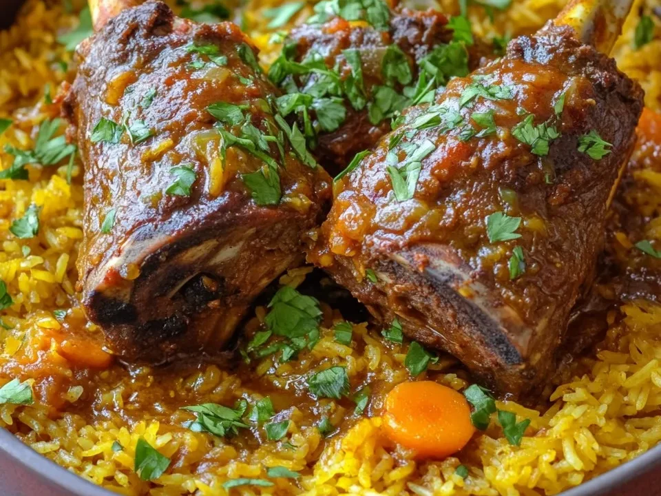 Pierna de Cordero Estofada con Arroz con Azafrán