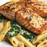 Penne con salmón cajún cremoso y espinacas