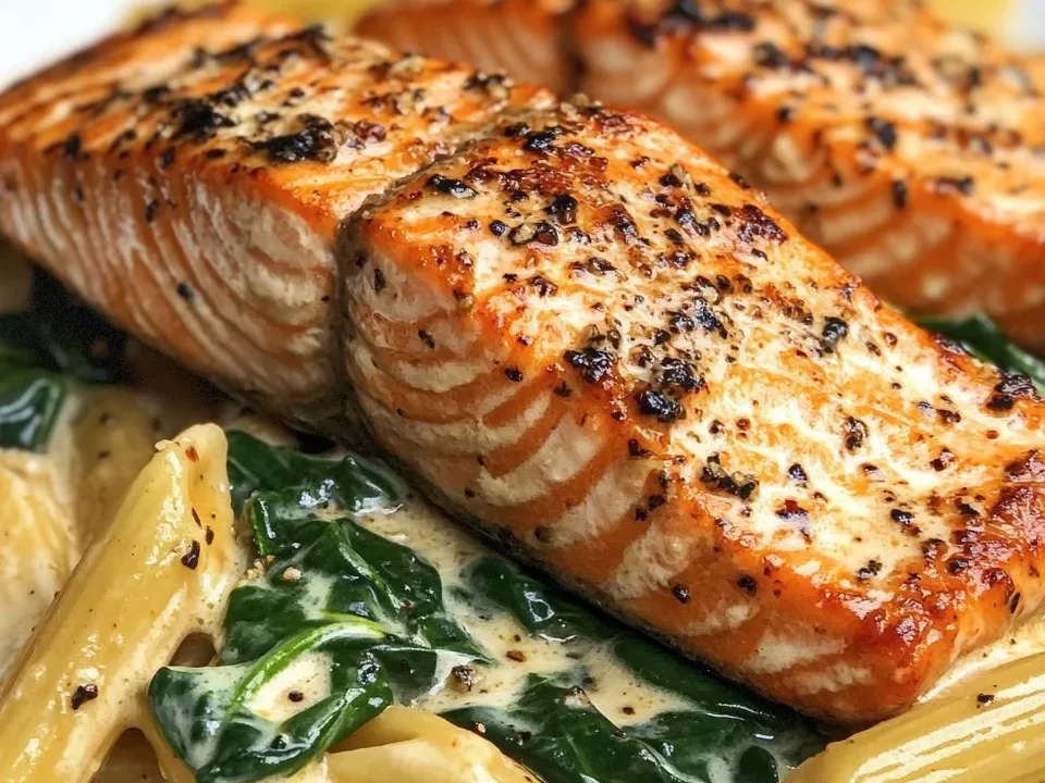 Penne con salmón cajún cremoso y espinacas