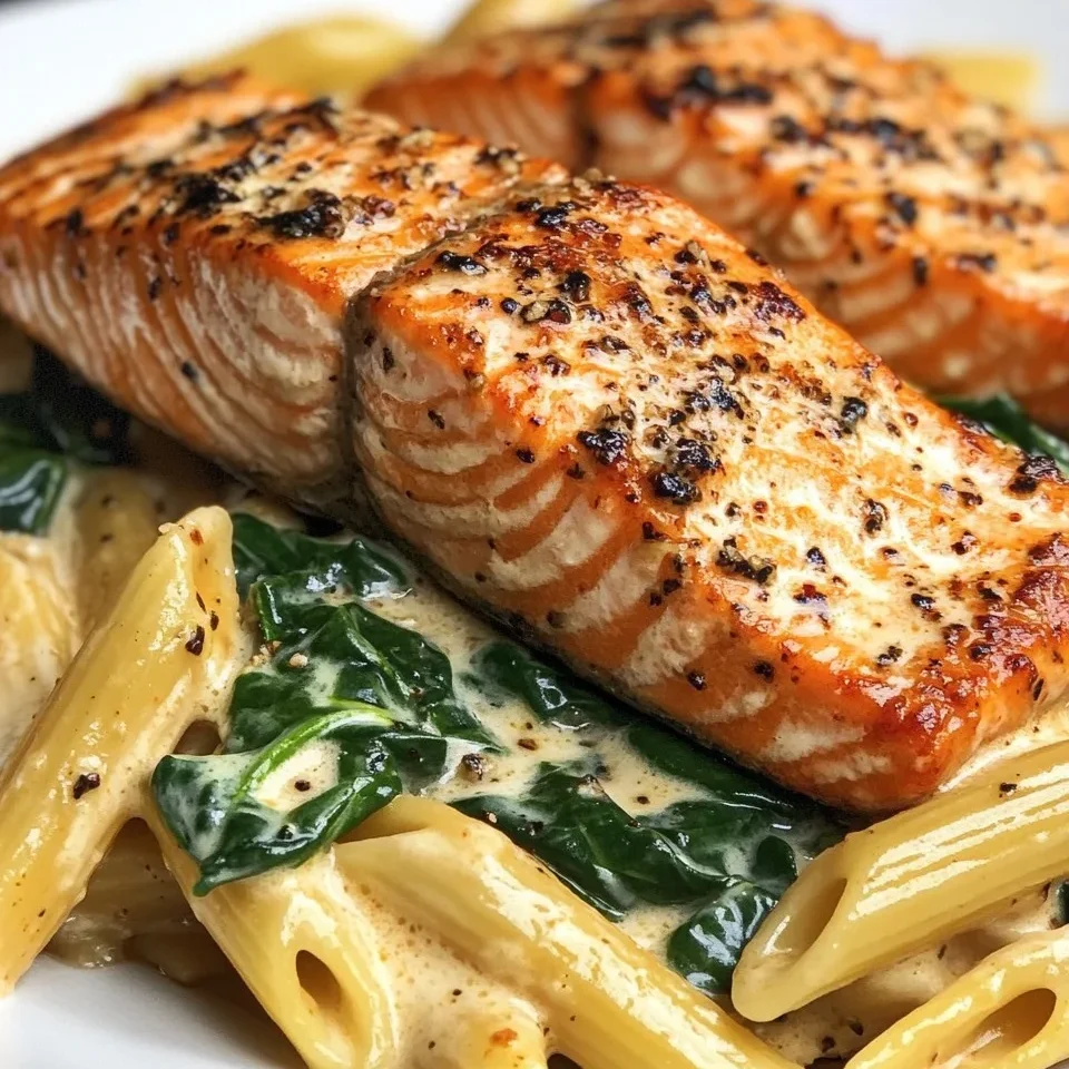 Penne con salmón cajún cremoso y espinacas