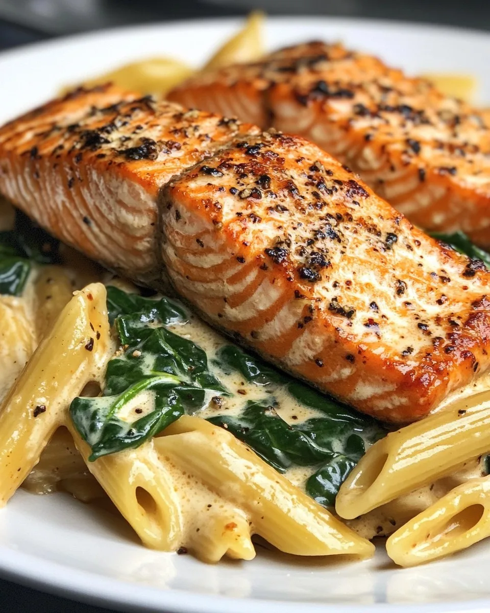 Penne con salmón cajún cremoso y espinacas